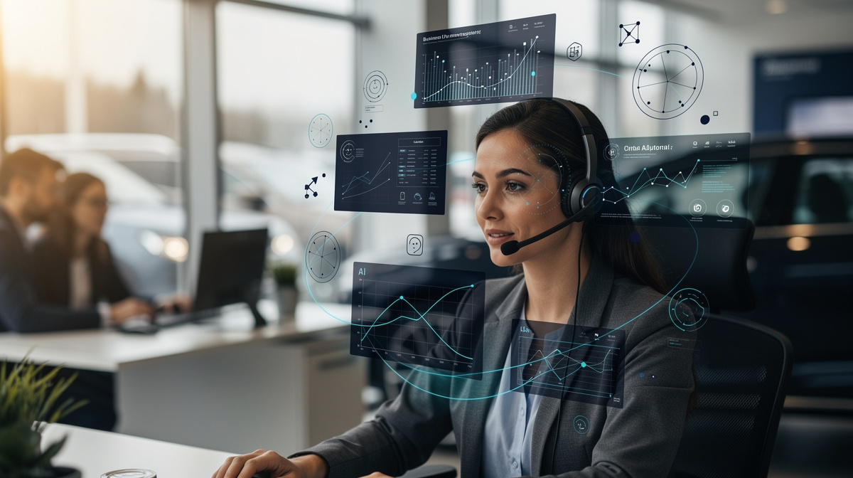 Automotive BDC agent working alongside AI dashboard in a dealership