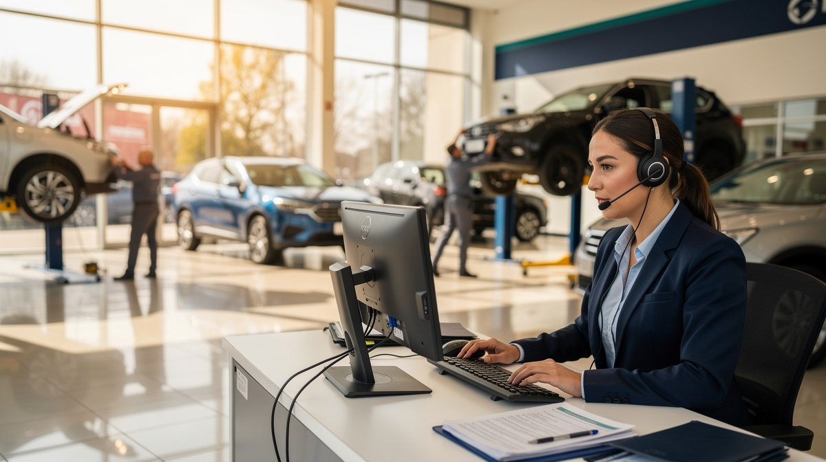 Service advisor booking appointments at a busy dealership service department
